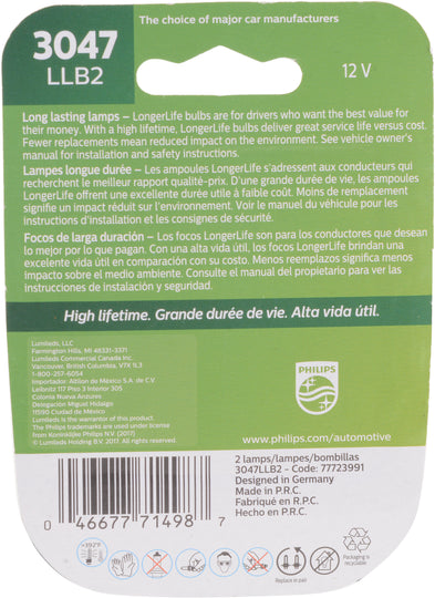 3047LLB2 Philips LongerLife Miniature 3047LL - LongerLife - Twin Blister Pack Philips Bulbs