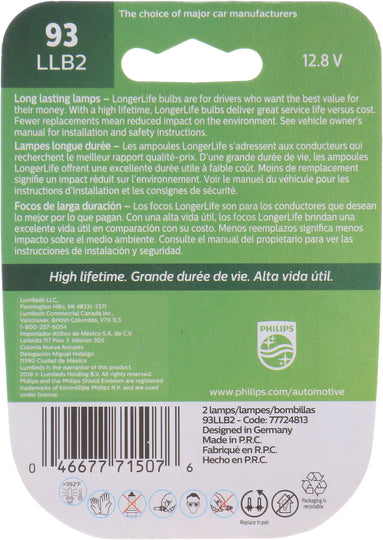 93LLB2 Philips LongerLife Miniature 93LL - LongerLife - Twin Blister Pack Philips Bulbs