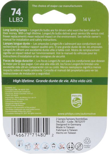 74LLB2 Philips LongerLife Miniature 74LL - LongerLife - Twin Blister Pack Philips Bulbs