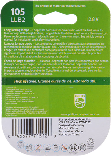105LLB2 Philips LongerLife Miniature 105LL - LongerLife - Twin Blister Pack Philips Bulbs