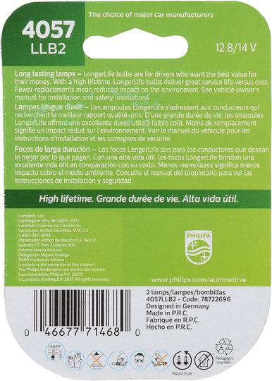 4057LLB2 Philips LongerLife Miniature 4057LL - LongerLife - Twin Blister Pack Philips Bulbs