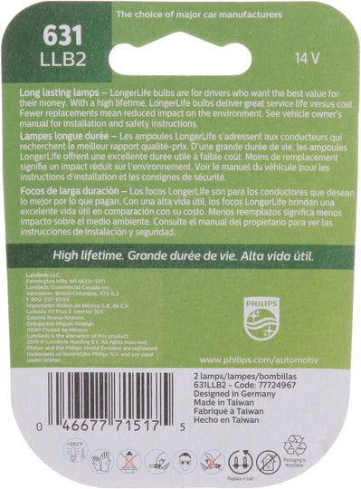631LLB2 Philips LongerLife Miniature 631LL - LongerLife - Twin Blister Pack Philips Bulbs