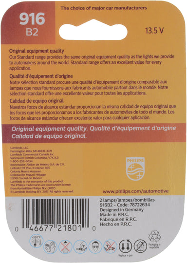 916B2 Philips Standard Miniature 916 - Standard - Twin Blister Pack Philips Bulbs