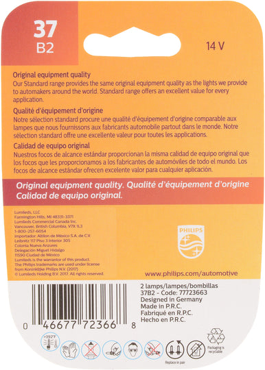 37B2 Philips Standard Minature 37B2 - Standard - Twin Blister Pack Philips Bulbs