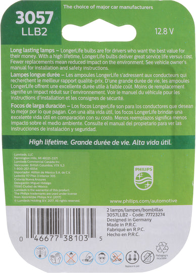 3057LLB2 Philips LongerLife Miniature 3057LL - LongerLife - Twin Blister Pack Philips Bulbs