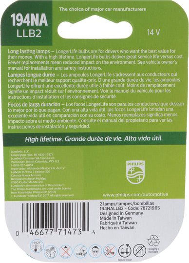 194NALLB2 Philips LongerLife Miniature 194NALL - LongerLife - Twin Blister Pack Philips Bulbs
