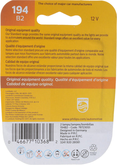 194B2 Philips Standard Miniature 194 - Standard - Twin Blister Pack Philips Bulbs