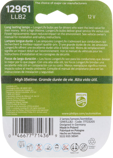12961LLB2 Philips LongerLife Miniature 12961LL - LongerLife - Twin Blister Pack Philips Bulbs