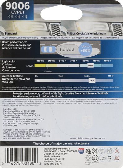 9006CVPB1 Philips CrystalVision platinum Headlight 9006 - CrystalVision Platinum - Single Blister Pack Philips Bulbs