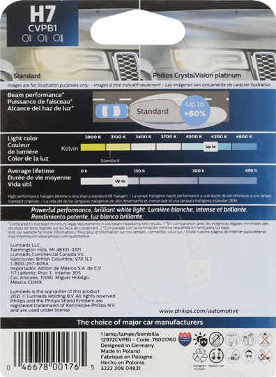 H7CVPB1 Philips CrystalVision platinum Headlight H7 - CrystalVision Platinum - Single Blister Pack Philips Bulbs