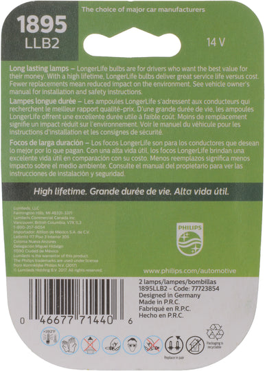 1895LLB2 Philips LongerLife Miniature 1895LL - LongerLife - Twin Blister Pack Philips Bulbs