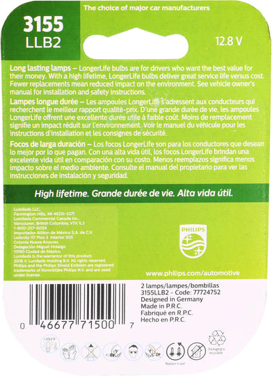 3155LLB2 Philips LongerLife Miniature 3155LL - LongerLife - Twin Blister Pack Philips Bulbs