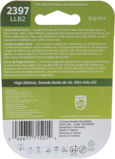 2397LLB2 Philips LongerLife Miniature 2397LL - LongerLife - Twin Blister Pack Philips Bulbs
