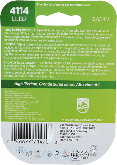 4114LLB2 Philips LongerLife Miniature 4114LL - LongerLife - Twin Blister Pack Philips Bulbs