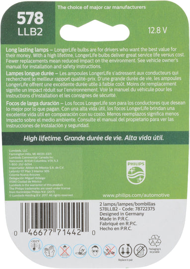 578LLB2 Philips LongerLife Miniature 578LL - LongerLife - Twin Blister Pack Philips Bulbs