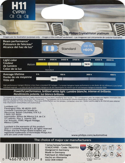 H11CVPB1 Philips CrystalVision platinum Headlight H11 - CrystalVision Platinum - Single Blister Pack Philips Bulbs
