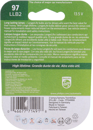 97LLB2 Philips LongerLife Miniature 97LL - LongerLife - Twin Blister Pack Philips Bulbs