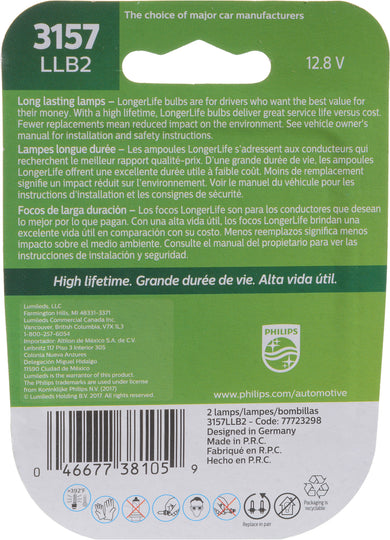 3157LLB2 Philips LongerLife Miniature 3157LL - LongerLife - Twin Blister Pack Philips Bulbs