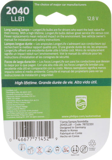 2040LLB1 Philips LongerLife Miniature 2040LL - LongerLife - Single Blister Pack Philips Bulbs