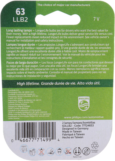 63LLB2 Philips LongerLife Miniature 63LL - LongerLife - Twin Blister Pack Philips Bulbs