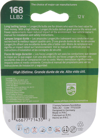 168LLB2 Philips LongerLife Miniature 168LL - LongerLife - Twin Blister Pack Philips Bulbs