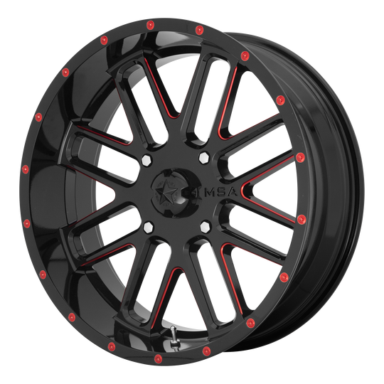 M35-022756R - MSA M35 Bandit 22X7 4X156  0mm Gloss Black Milled With Red Tint - MSA Wheels Canada