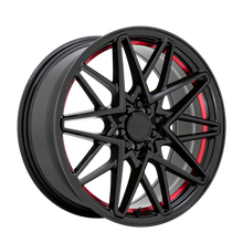 Load image into Gallery viewer, 1880RDC385D84R72 - Ruff Clutch 18X8 5X108 / 5X114.3 38mm Gloss Black W/ Machined Red Inner Lip - Ruff Wheels Canada