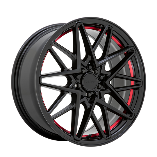 1880RDC385D84R72 - Ruff Clutch 18X8 5X108 / 5X114.3 38mm Gloss Black W/ Machined Red Inner Lip - Ruff Wheels Canada