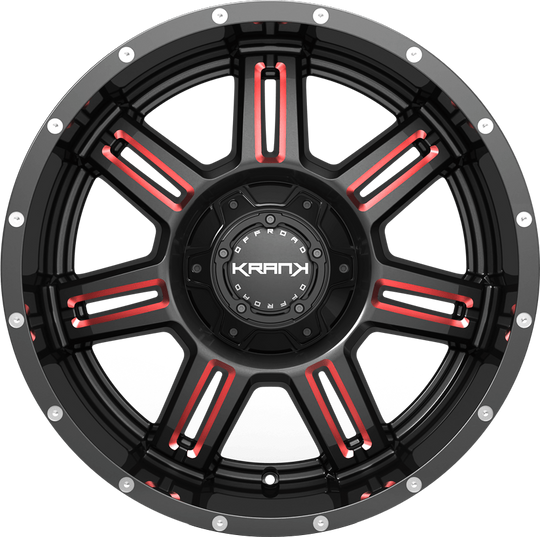 K5018963539P8BMR - Krank Offroad Shaft 18X9 6X135 / 6X139.7 8mm Gloss Black Red Milled - Krank Offroad Wheels Canada
