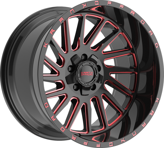 K2021252739N44BMR - Krank Offroad Coil 20X12 5X127 ET -44MM Gloss Black Red Milled - Krank Offroad Wheels Canada