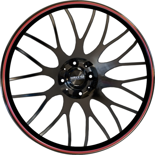 MZ77T04405 - Maxxim Maze 17X7 5X114.3 / 5X100 40mm Gloss Black With Red Stripe - Maxxim Wheels Canada