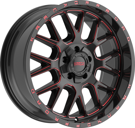 K1020952739Q00BMR - Krank Offroad Fuse 20X9 5X127 ET 0MM Gloss Black Red Milled - Krank Offroad Wheels Canada