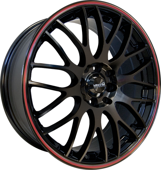 MZ87D04455 - Maxxim Maze 18X7.5 4X100 / 4X114.3 45mm Gloss Black With Red Stripe - Maxxim Wheels Canada