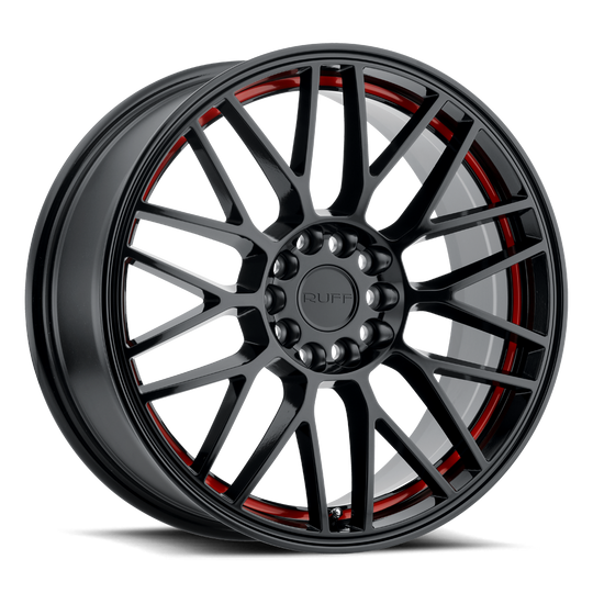 1775VDR385D84B72 - Ruff Overdrive 17X7.5 5X114.3 / 5X108 38mm Gloss Black W/ Red Inner Lip - Ruff Wheels Canada