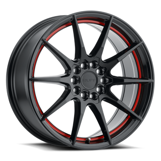 1880SPD385D04F72 - Ruff Speedster 18X8 5X114.3 / 5X100 38mm Gloss Black W/ Red Stripe - Ruff Wheels Canada