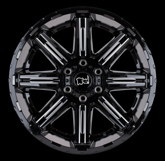 2012RPG-45127B71 - Black Rhino Rampage 20X12 5X127 -44 mm Gloss Black W/ Mirror Cut Face & Translucent Clear - Black Rhino Wheels Canada
