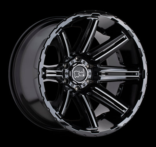2012RPG-45127B71 - Black Rhino Rampage 20X12 5X127 -44 mm Gloss Black W/ Mirror Cut Face & Translucent Clear - Black Rhino Wheels Canada