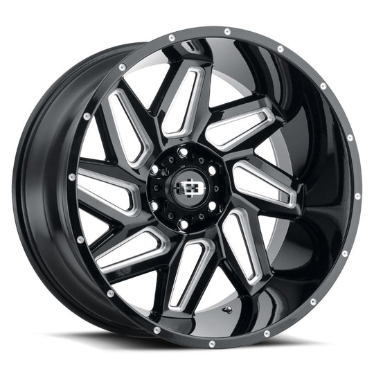 361-7936GBMS12 - Vision 361 Spyder 17X9 6X135 12mm Gloss Black Milled Spoke - Vision Wheels Canada