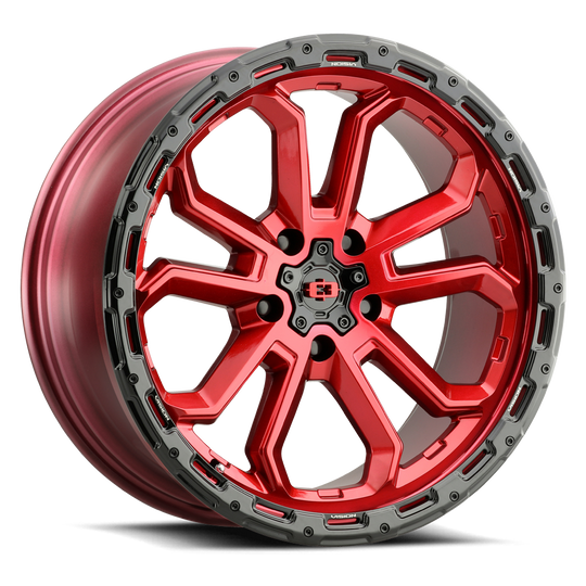 405-7865GRGBL30 - Vision 405 Korupt 17X8 5X114.3 30mm Gloss Red with Gloss Black Lip - Vision Wheels Canada