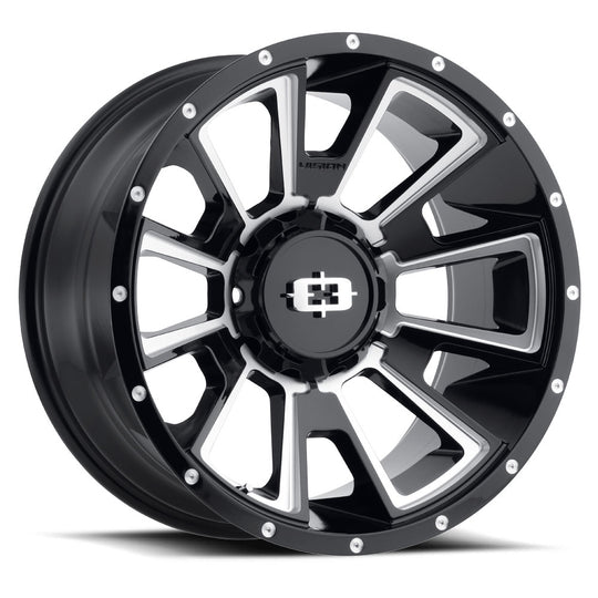 391A2993GBMS-12 - Vision 391 Rebel 20X9 5X114.3 / 5X127 -12mm Gloss Black Milled Spoke - Vision Wheels Canada