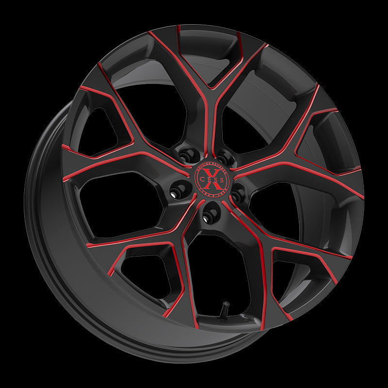 X0588550835GBMLR - Xcess X05 5 Flake 18X8.5 5X108 35mm Gloss Black Candy Red Milled - Xcess Wheels Canada