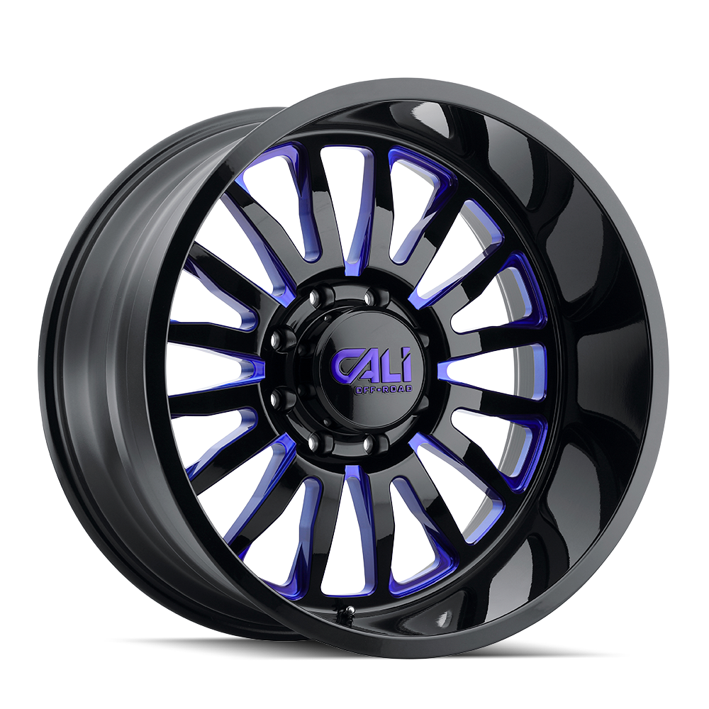 9110-2936BTB - Cali Off-Road Summit 20X9 6X135 0mm Gloss Black With Blue Milled Spokes - Cali Off-Road Wheels Canada