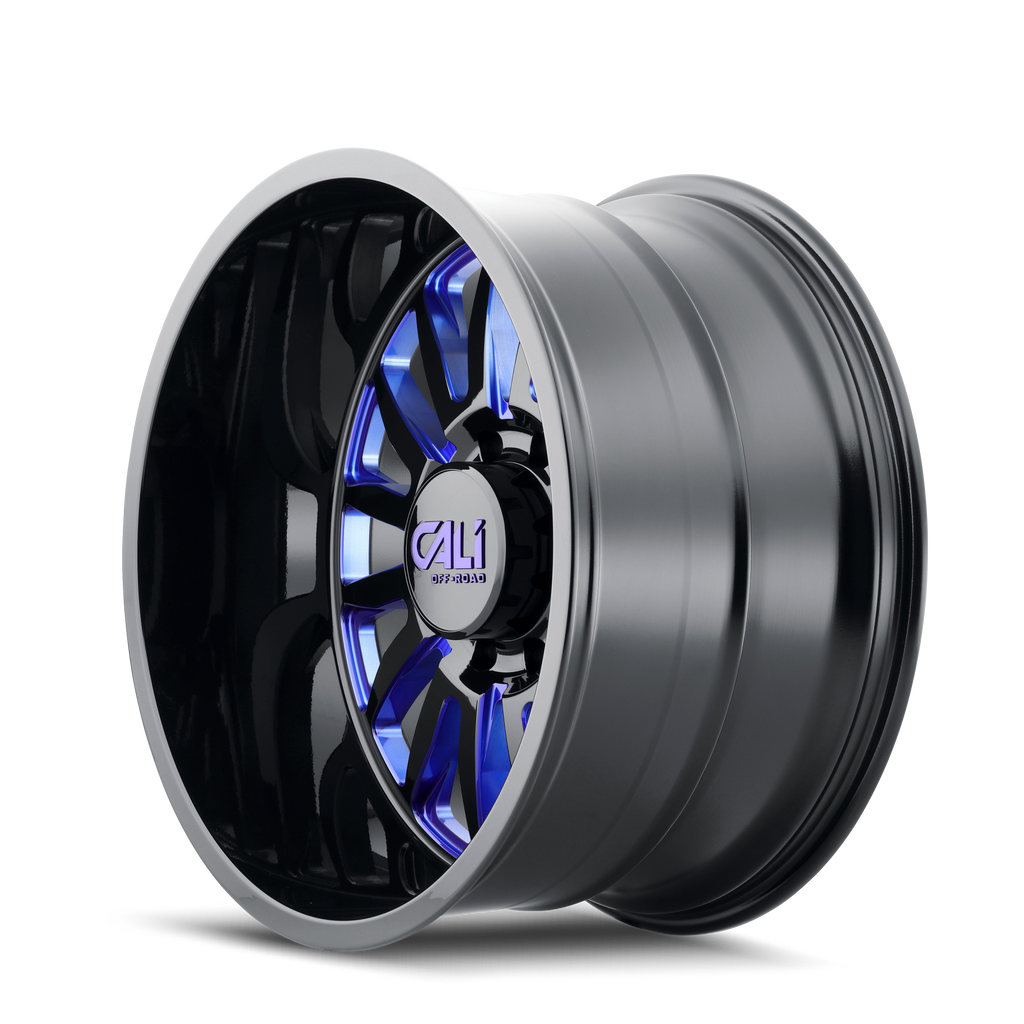 9110-2985BTB - Cali Off-Road Summit 20X9 5X139.7 0mm Gloss Black With Blue Milled Spokes - Cali Off-Road Wheels Canada