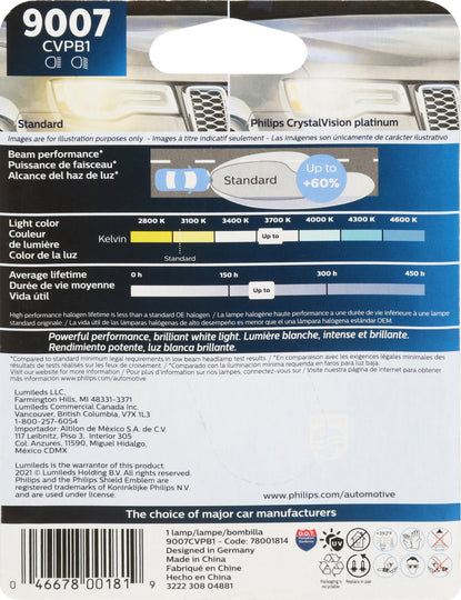 9007CVPB1 Philips CrystalVision platinum Headlight 9007 - CrystalVision Platinum - Single Blister Pack Philips Bulbs